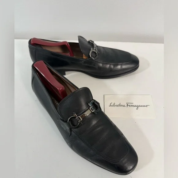 Salvatore Ferragamo Black Leather Loafers with Horsebit Detail